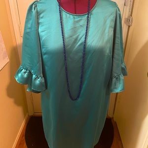 Junarose teal satin midi dress with bell sleeves